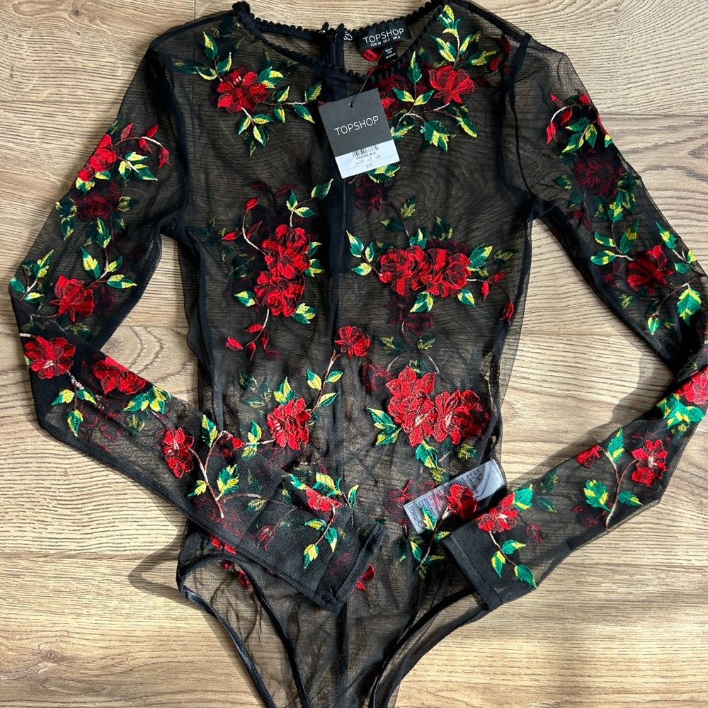 Topshop Black Floral Embroidered Bodysuit